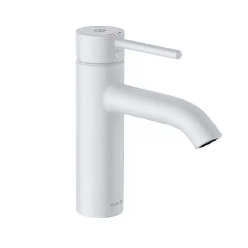 Weißer Waschtischarmatur von Kludi mit einem schlichten Hebel und einem leicht nach vorne gerichteten Auslauf. Schlichtes Design, geeignet für moderne Badezimmer.